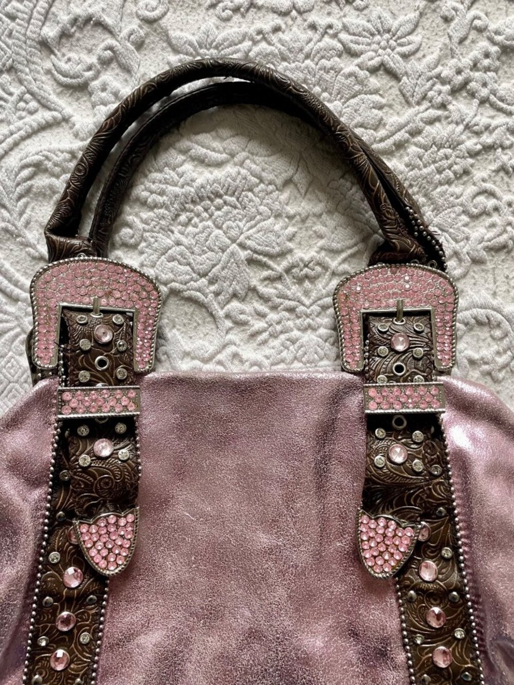 SOLD Vintage Y2K Charm + Luck Western San Antonio Leather Rhinestone Satchel Bag - Picture 3 of 16